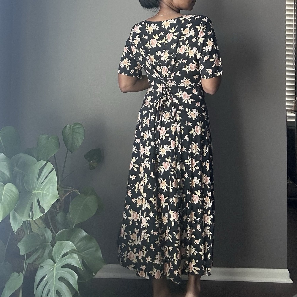 Vintage Ship N Shore Button Down Maxi Dress Womens 14 Black Floral Tie Back 90s - Picture 4 of 14